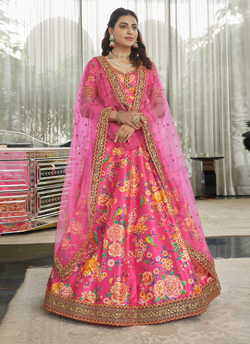 Glamorous Rani Pink Art Silk Floral Print Lehenga Choli