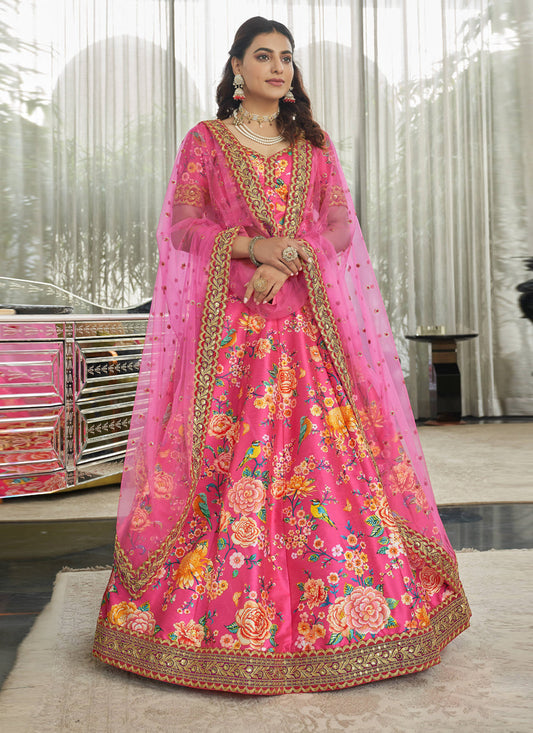 Glamorous Rani Pink Art Silk Floral Print Lehenga Choli