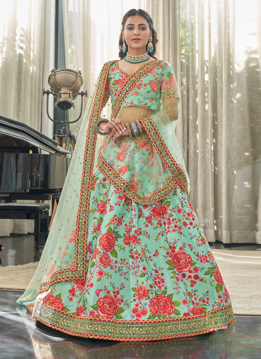 Lovely Ice Mint Art Silk Floral Print Lehenga Choli