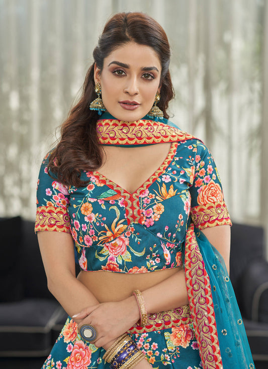 Pretty Peacock Blue Art Silk Floral Print Lehenga Choli