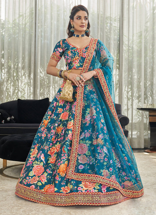 Pretty Peacock Blue Art Silk Floral Print Lehenga Choli