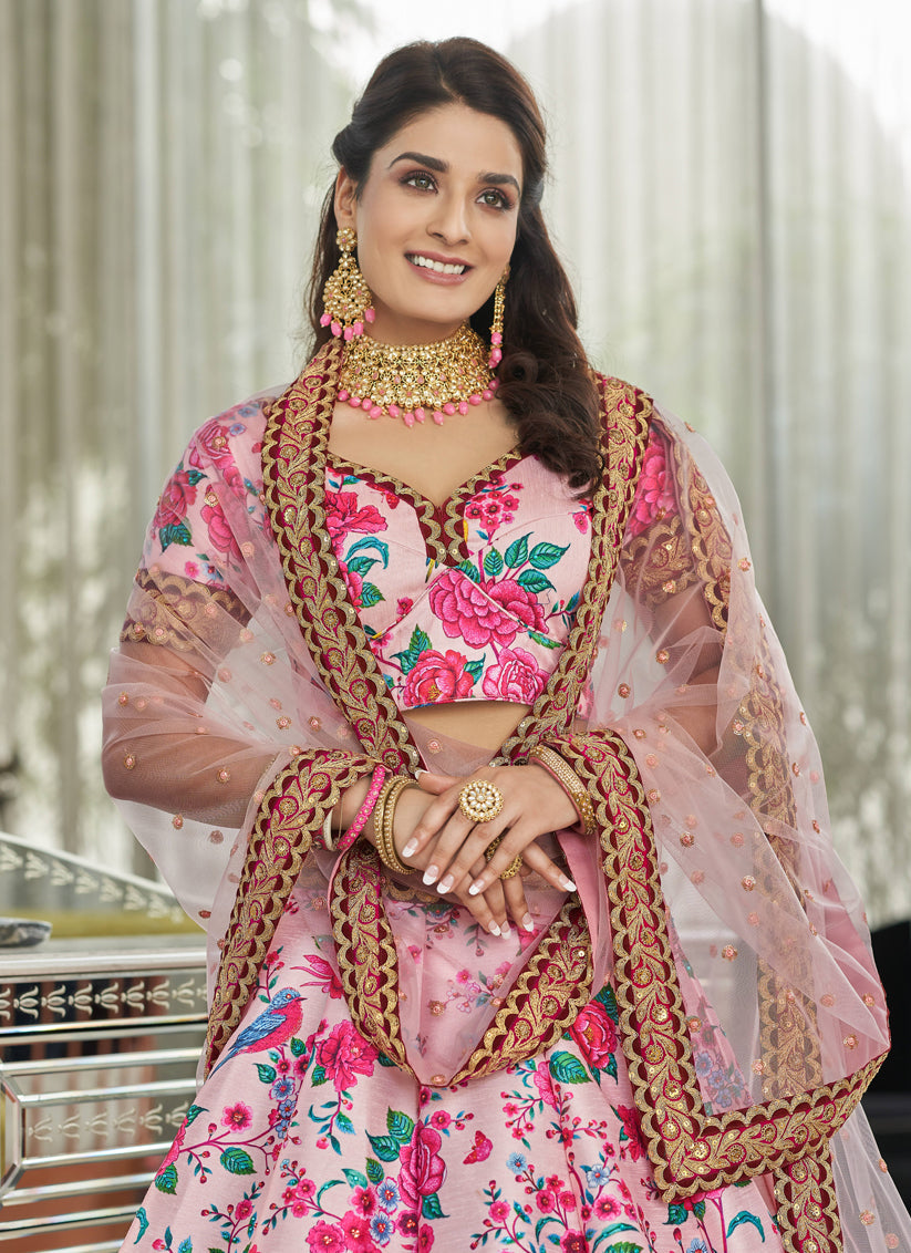 Ravishing Baby Pink Art Silk Floral Print Lehenga Choli