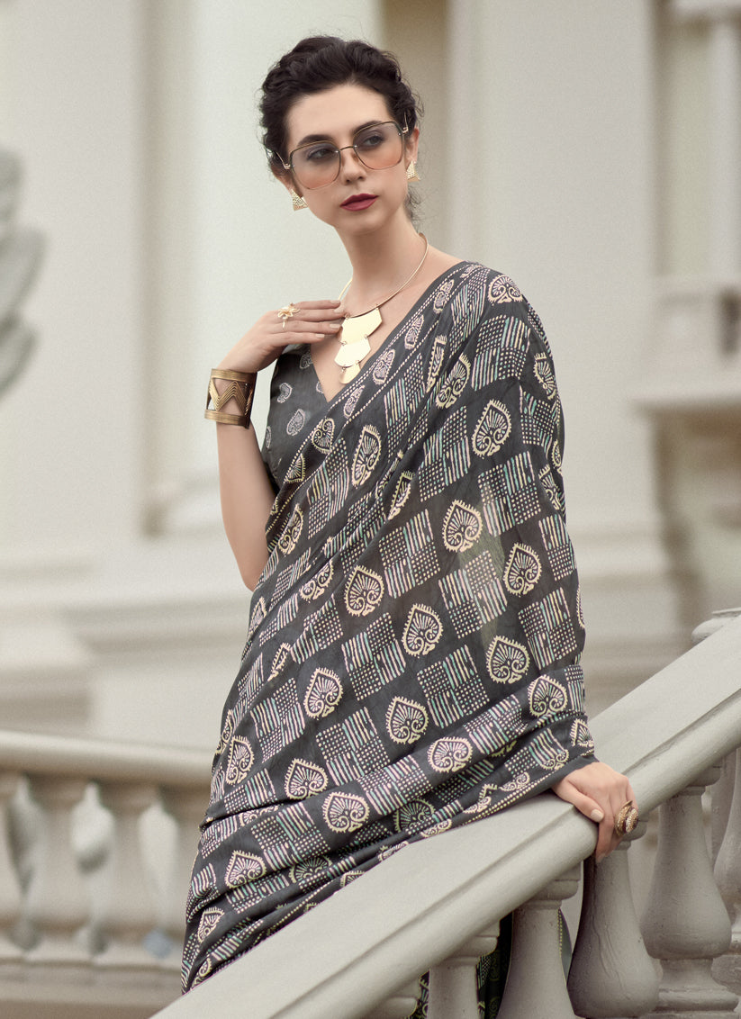 Dusty Grey Pure Mal Mal Silk Digital Print Saree