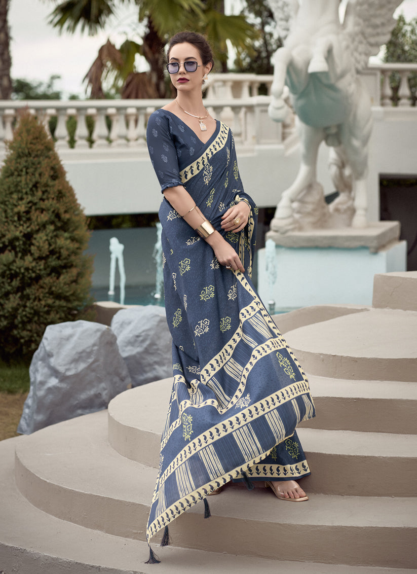 Slate Grey Pure Mal Mal Silk Digital Print Saree