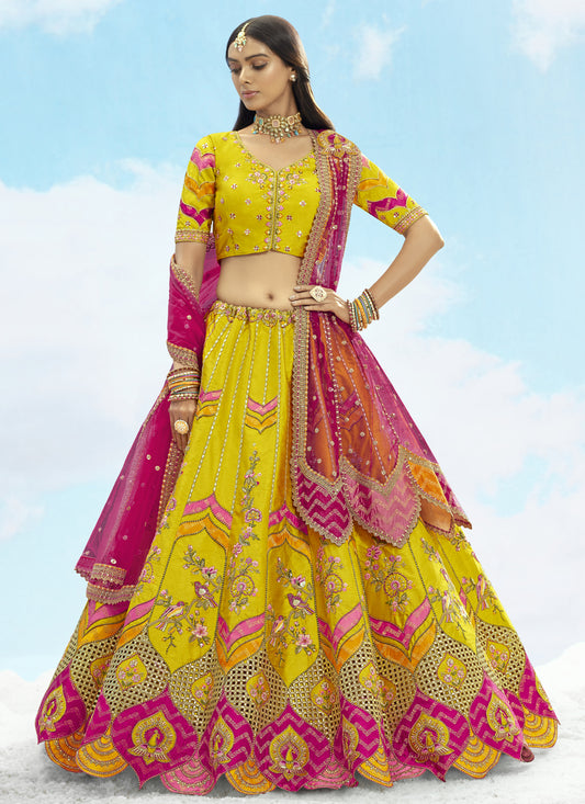 Mesmerizing Lime Yellow Silk Embroidered Designer Wedding Lehenga Choli Set