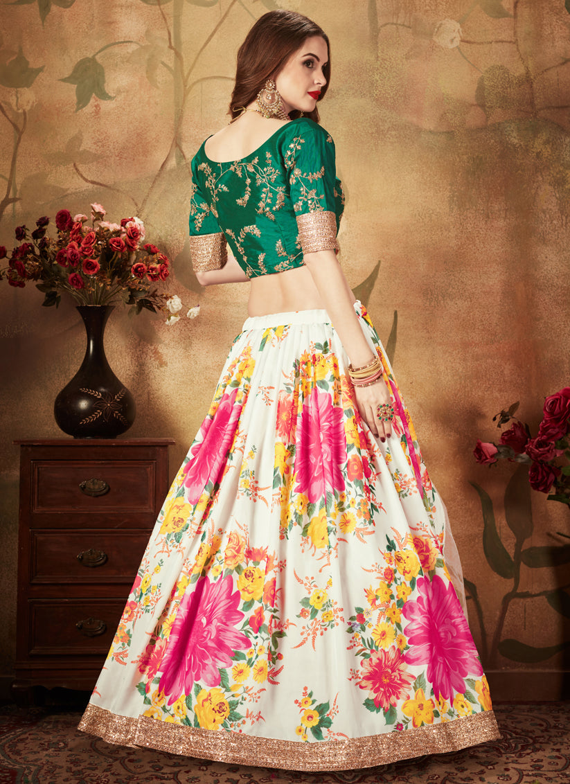 Voguish Off White and Green Organza Printed Wedding Lehenga Choli