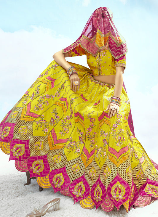 Mesmerizing Lime Yellow Silk Embroidered Designer Wedding Lehenga Choli Set