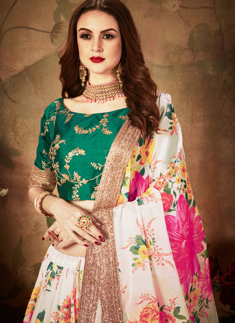 Voguish Off White and Green Organza Printed Wedding Lehenga Choli