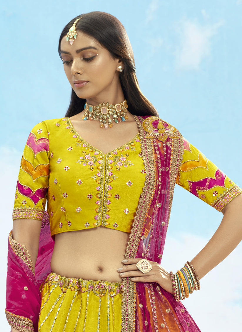 Mesmerizing Lime Yellow Silk Embroidered Designer Wedding Lehenga Choli Set