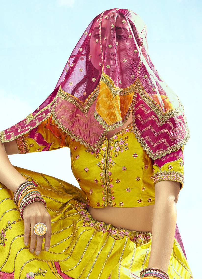 Mesmerizing Lime Yellow Silk Embroidered Designer Wedding Lehenga Choli Set