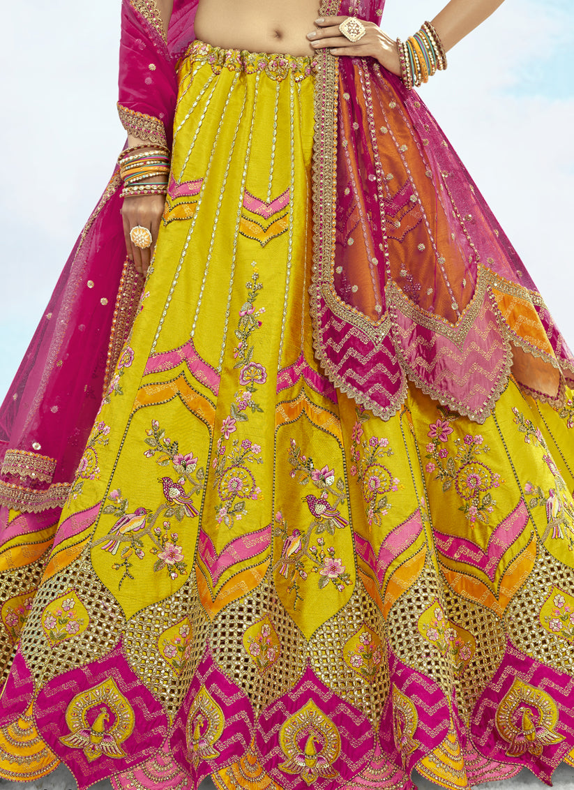 Mesmerizing Lime Yellow Silk Embroidered Designer Wedding Lehenga Choli Set