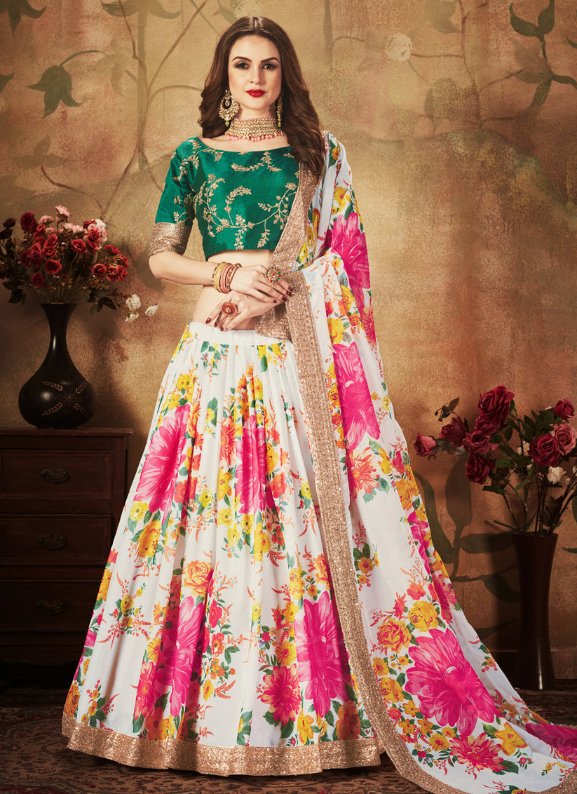 Voguish Off White and Green Organza Printed Wedding Lehenga Choli