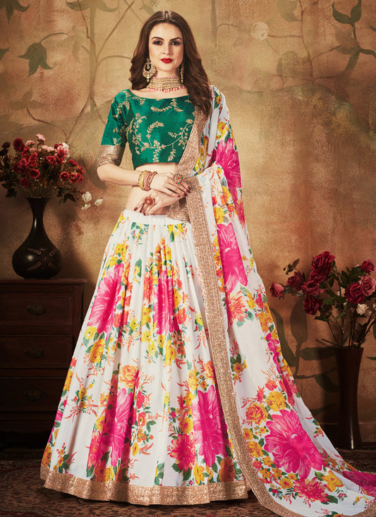 Voguish Off White and Green Organza Printed Wedding Lehenga Choli