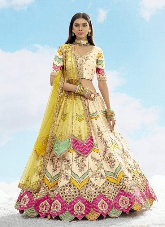 Fascinating Ivory Silk Embroidered Designer Wedding Lehenga Choli Set