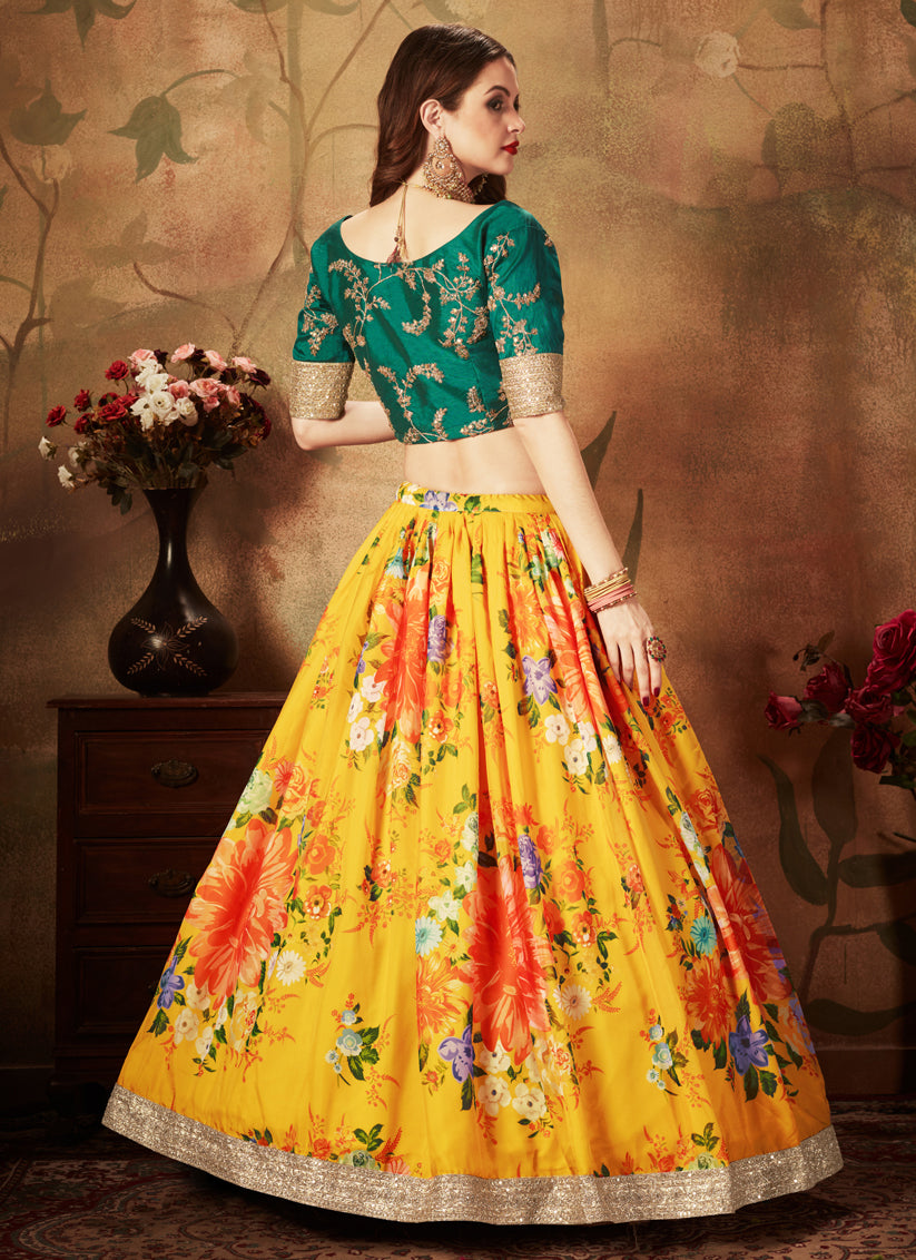 Opulent Yellow and Green Organza Printed Wedding Lehenga Choli