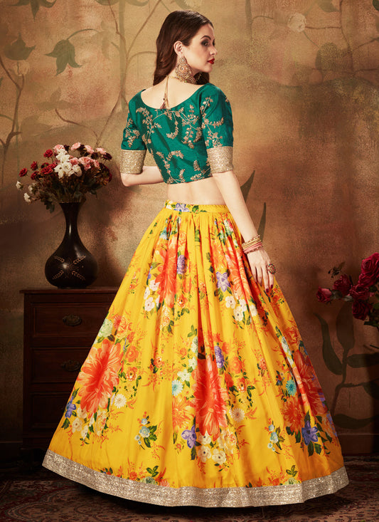 Opulent Yellow and Green Organza Printed Wedding Lehenga Choli