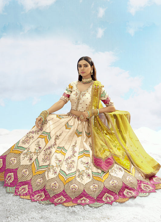 Fascinating Ivory Silk Embroidered Designer Wedding Lehenga Choli Set