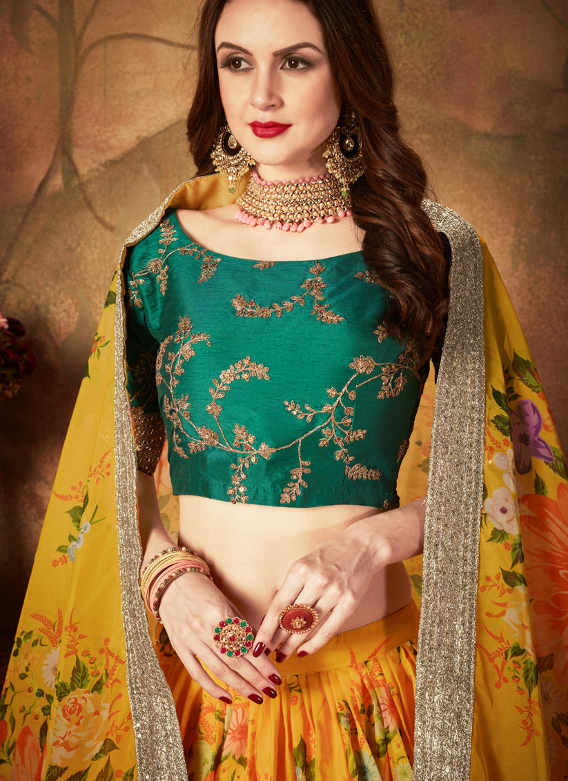 Opulent Yellow and Green Organza Printed Wedding Lehenga Choli