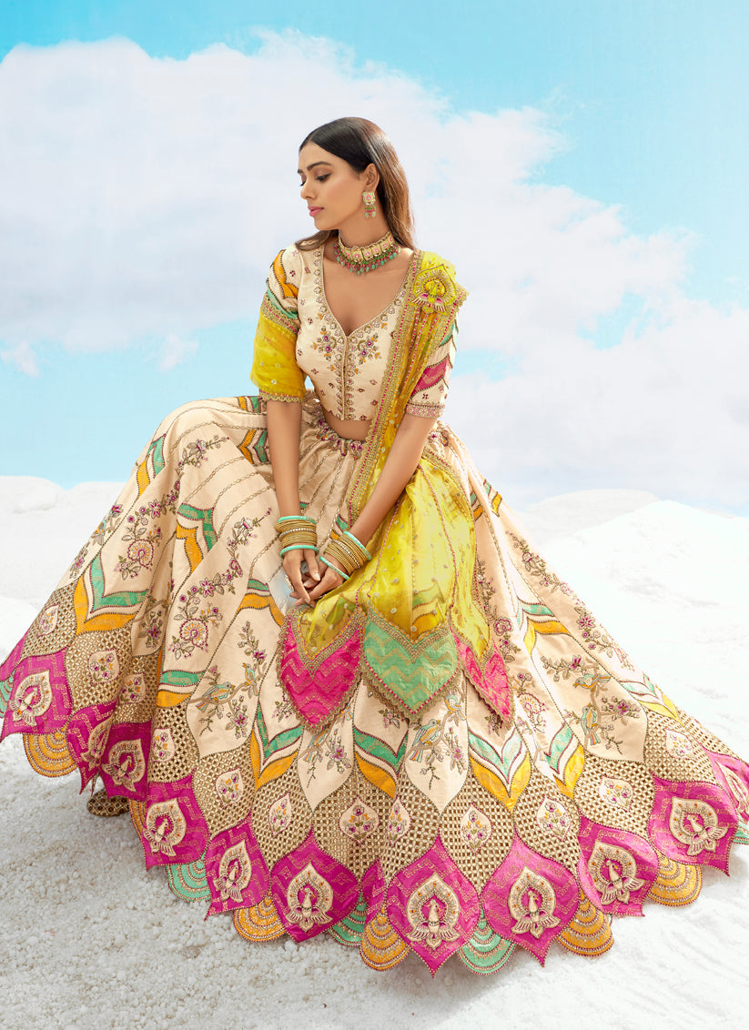 Fascinating Ivory Silk Embroidered Designer Wedding Lehenga Choli Set