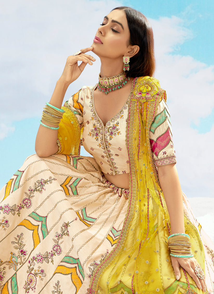 Fascinating Ivory Silk Embroidered Designer Wedding Lehenga Choli Set