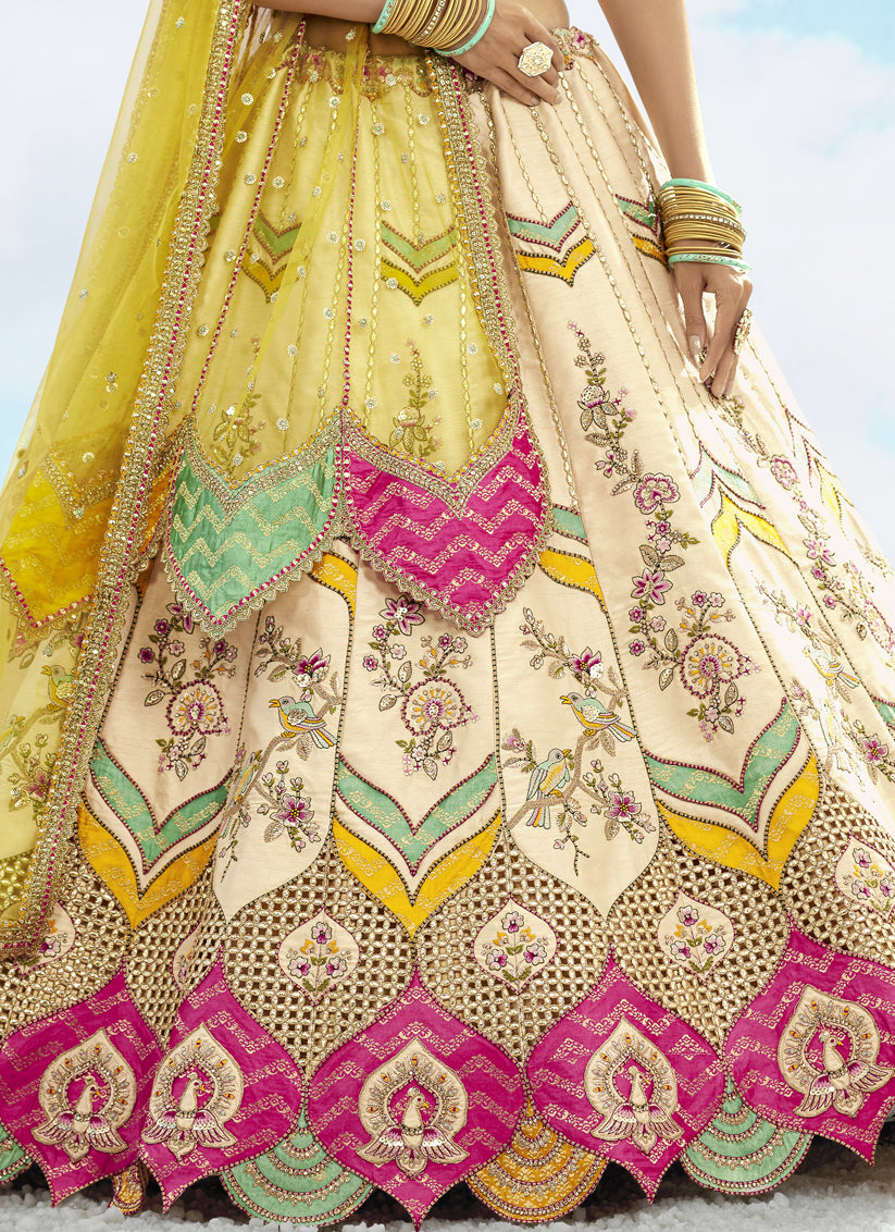 Fascinating Ivory Silk Embroidered Designer Wedding Lehenga Choli Set
