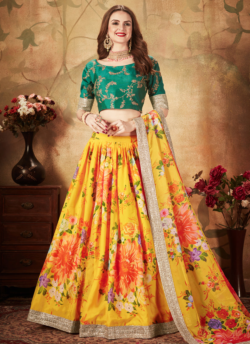 Opulent Yellow and Green Organza Printed Wedding Lehenga Choli