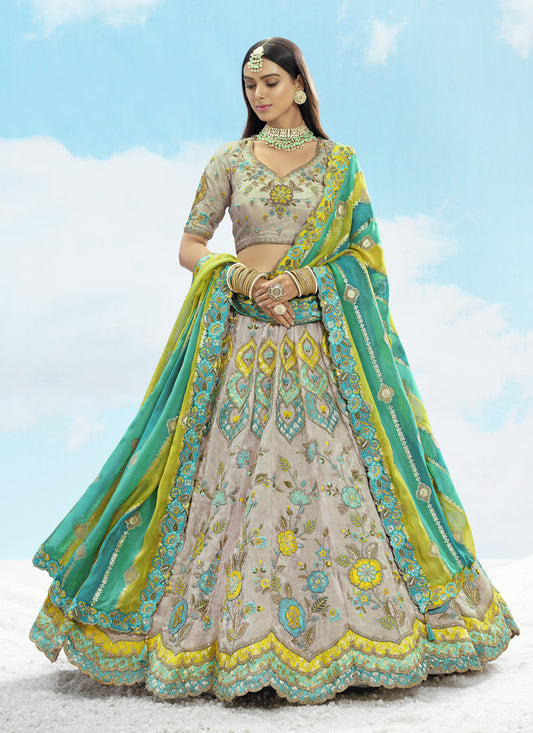 Elegant Ash Grey Silk Embroidered Designer Wedding Lehenga Choli Set