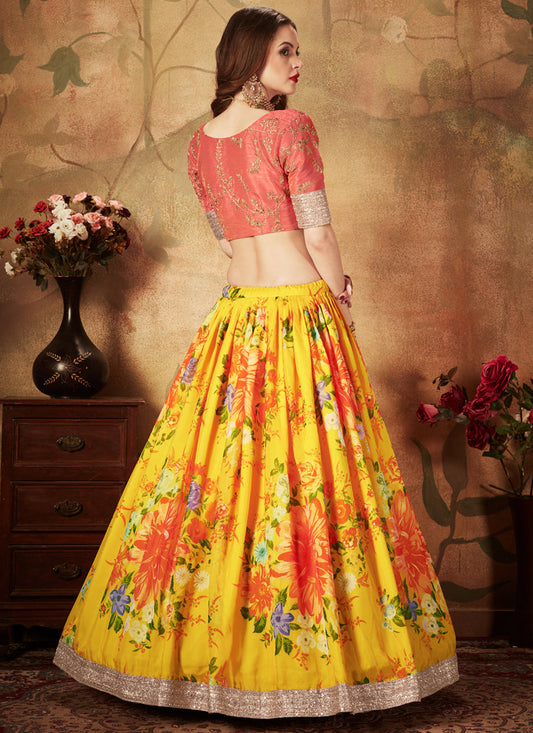 Striking Yellow and Orange Organza Printed Wedding Lehenga Choli