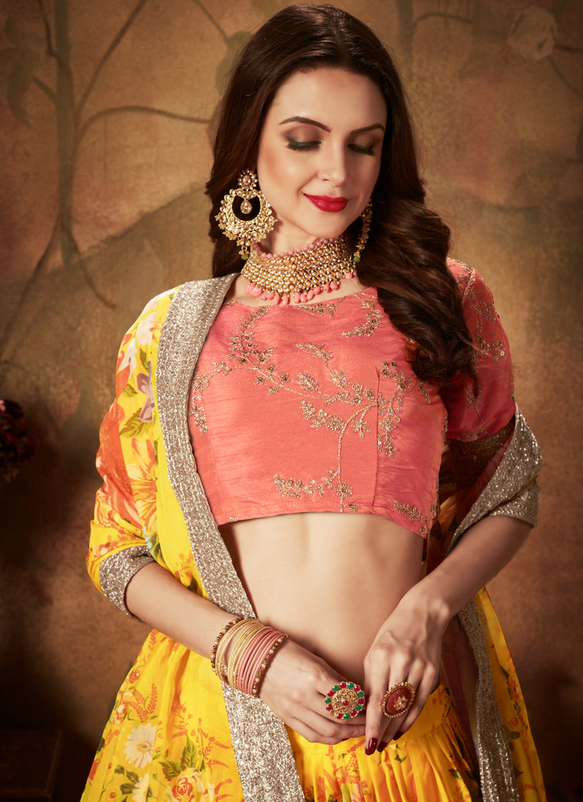 Striking Yellow and Orange Organza Printed Wedding Lehenga Choli