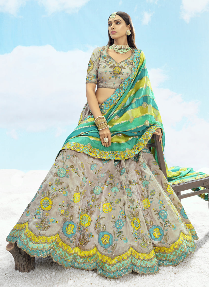 Elegant Ash Grey Silk Embroidered Designer Wedding Lehenga Choli Set