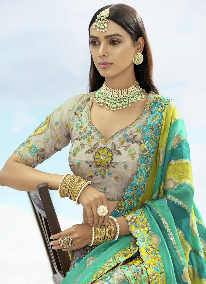 Elegant Ash Grey Silk Embroidered Designer Wedding Lehenga Choli Set