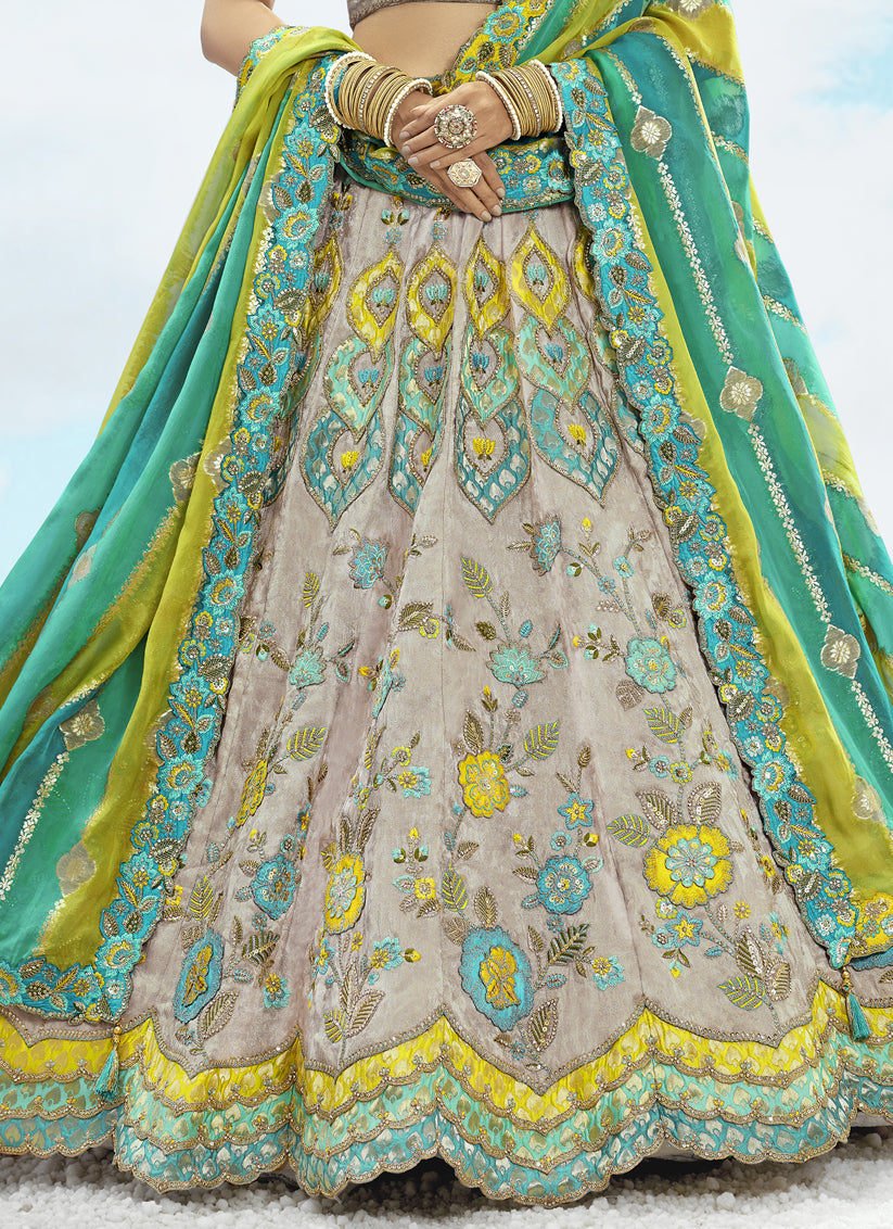 Elegant Ash Grey Silk Embroidered Designer Wedding Lehenga Choli Set