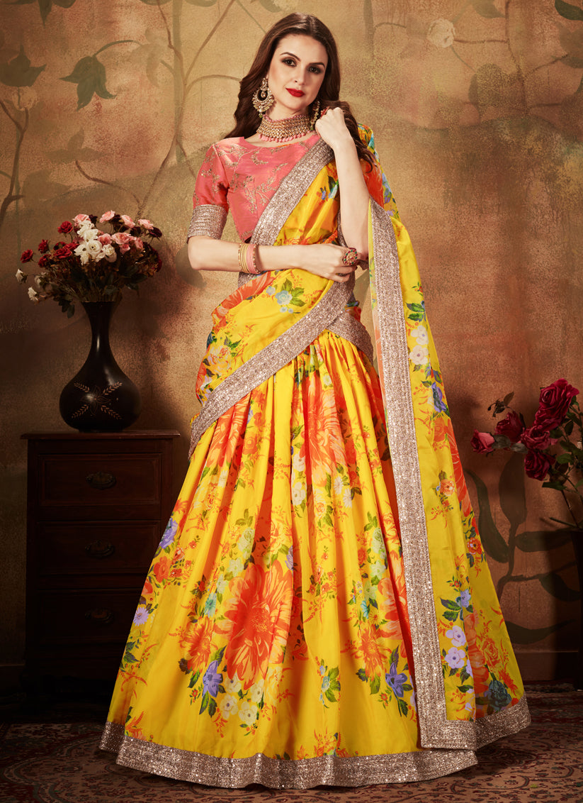 Striking Yellow and Orange Organza Printed Wedding Lehenga Choli