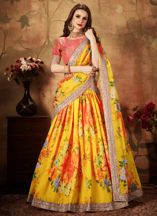 Striking Yellow and Orange Organza Printed Wedding Lehenga Choli
