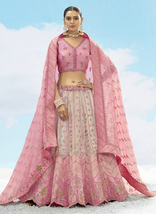 Ravishing Ash Grey and Rose Pink Silk Embroidered Designer Wedding Lehenga Choli Set