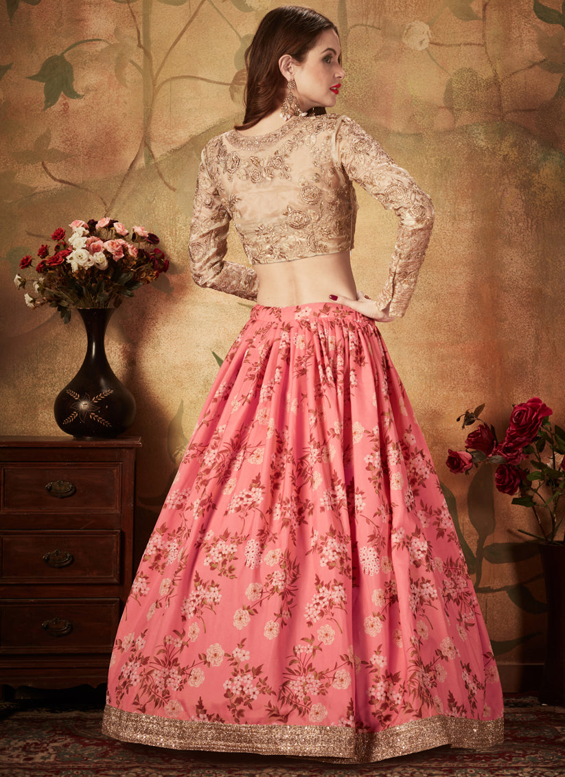 Flawless Pink and Beige Organza Printed Wedding Lehenga Choli