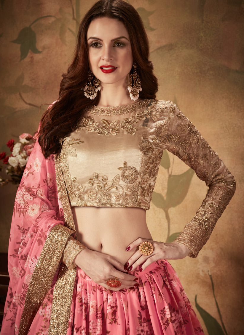 Flawless Pink and Beige Organza Printed Wedding Lehenga Choli