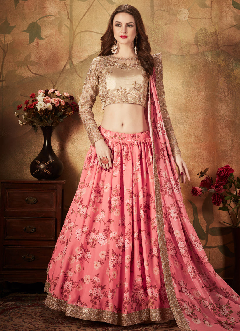 Flawless Pink and Beige Organza Printed Wedding Lehenga Choli