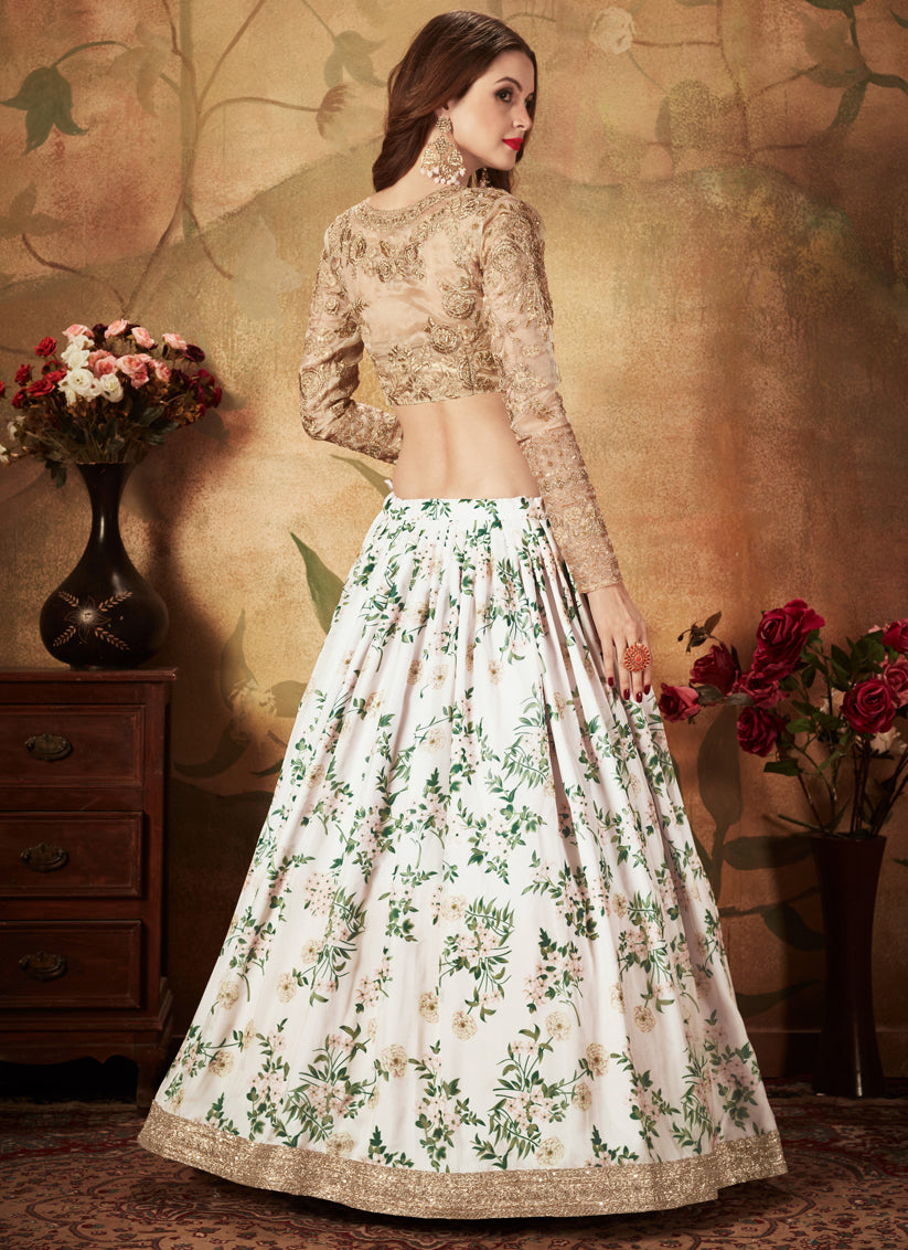 Exquisite Off White and Beige Organza Printed Wedding Lehenga Choli