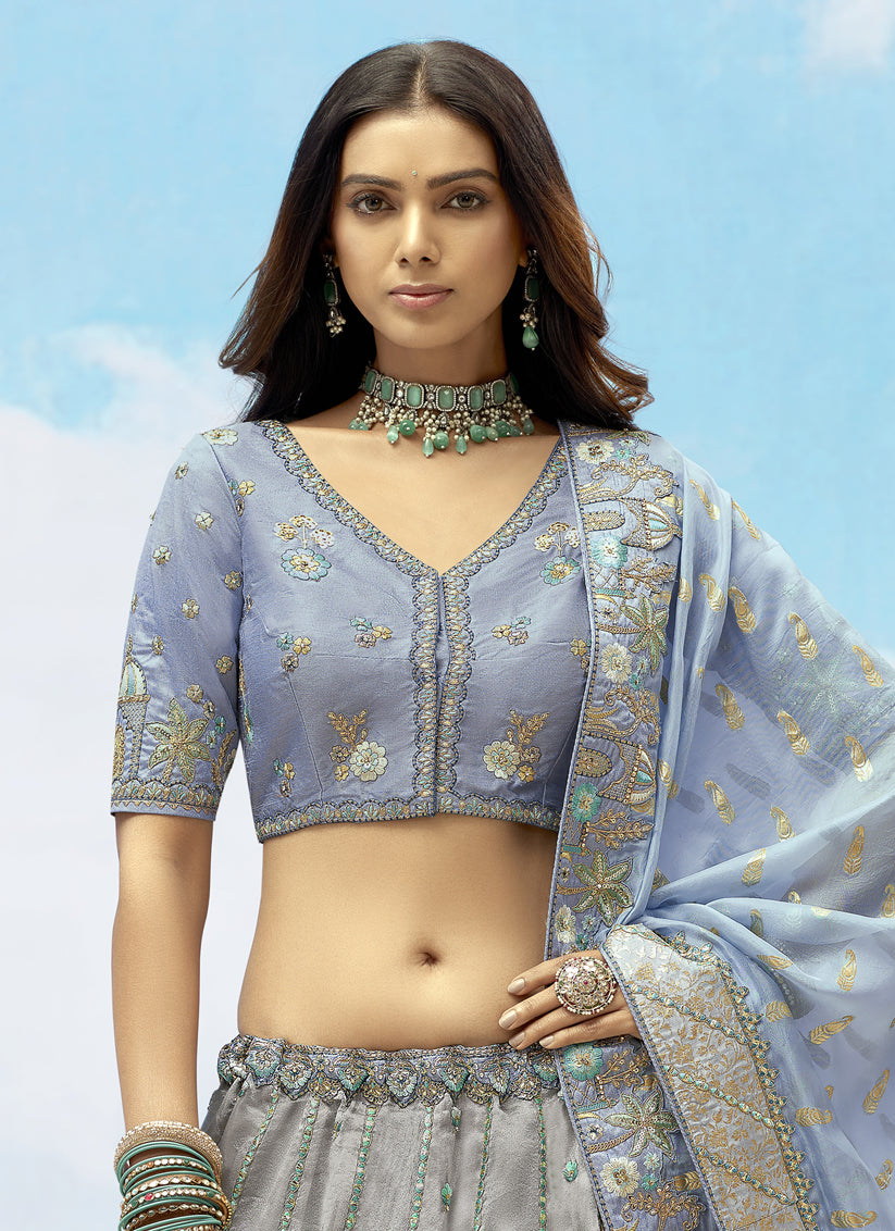 Bewitching Silver Grey Silk Embroidered Designer Wedding Lehenga Choli Set