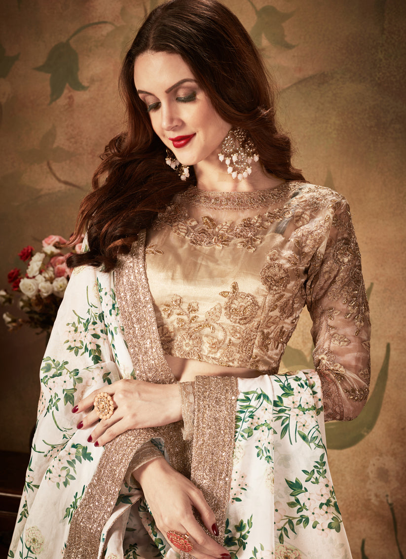 Exquisite Off White and Beige Organza Printed Wedding Lehenga Choli