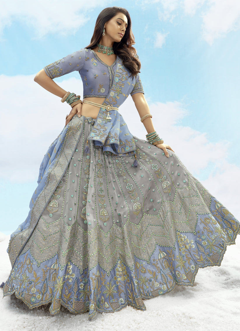Bewitching Silver Grey Silk Embroidered Designer Wedding Lehenga Choli Set