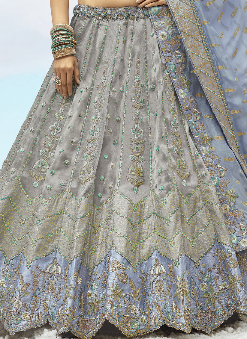Bewitching Silver Grey Silk Embroidered Designer Wedding Lehenga Choli Set