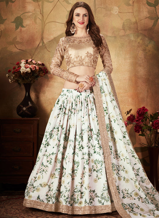 Exquisite Off White and Beige Organza Printed Wedding Lehenga Choli
