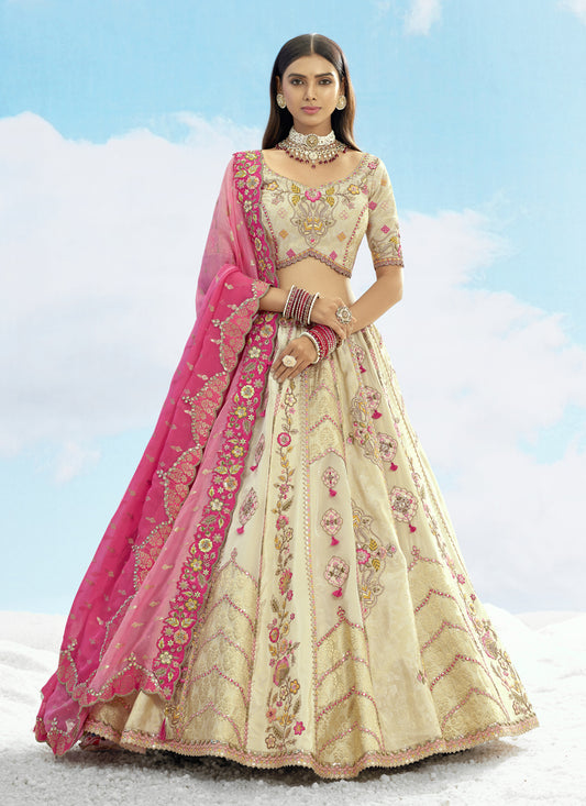 Pretty Cream Silk Embroidered Designer Wedding Lehenga Choli Set