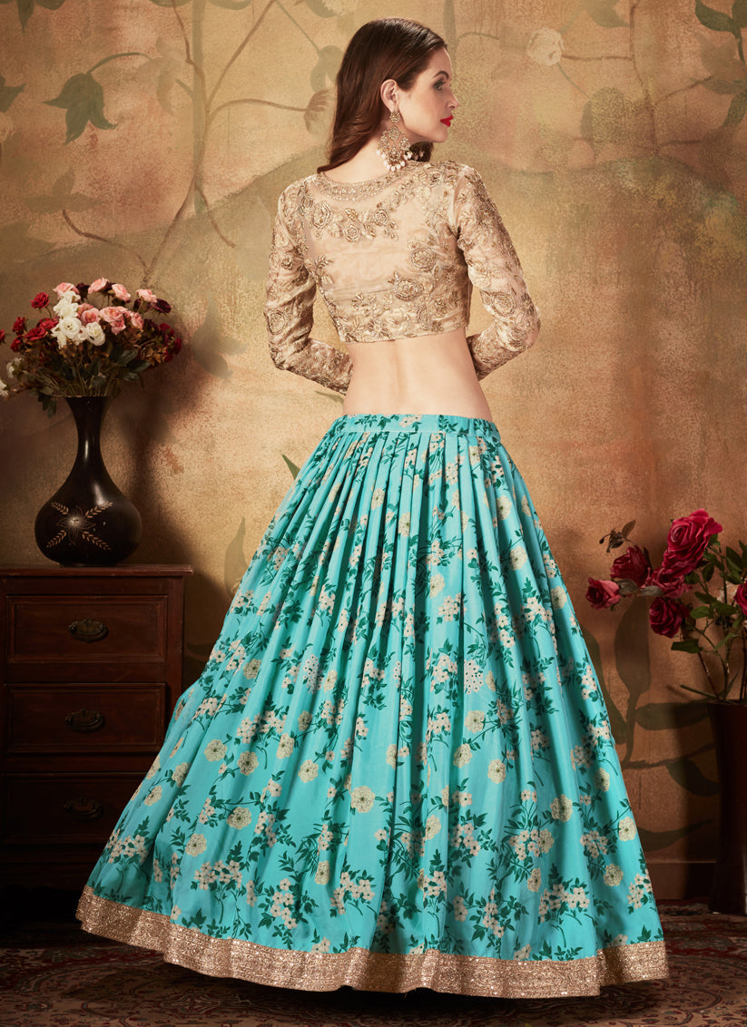 Charismatic Sky Blue and Beige Organza Printed Wedding Lehenga Choli