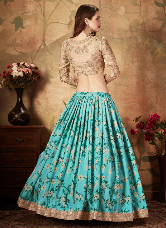 Charismatic Sky Blue and Beige Organza Printed Wedding Lehenga Choli
