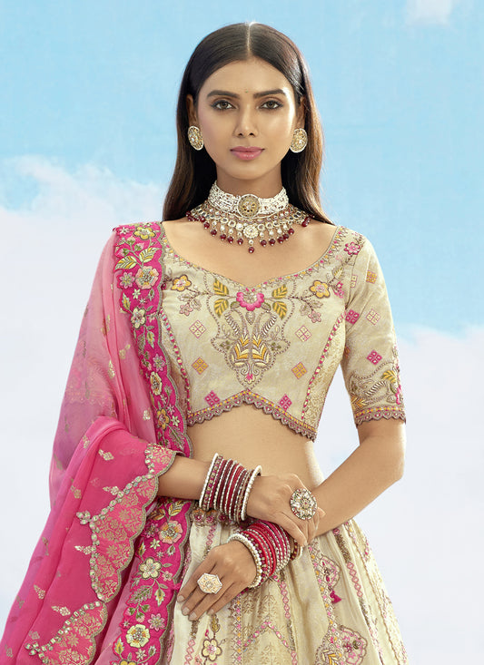Pretty Cream Silk Embroidered Designer Wedding Lehenga Choli Set