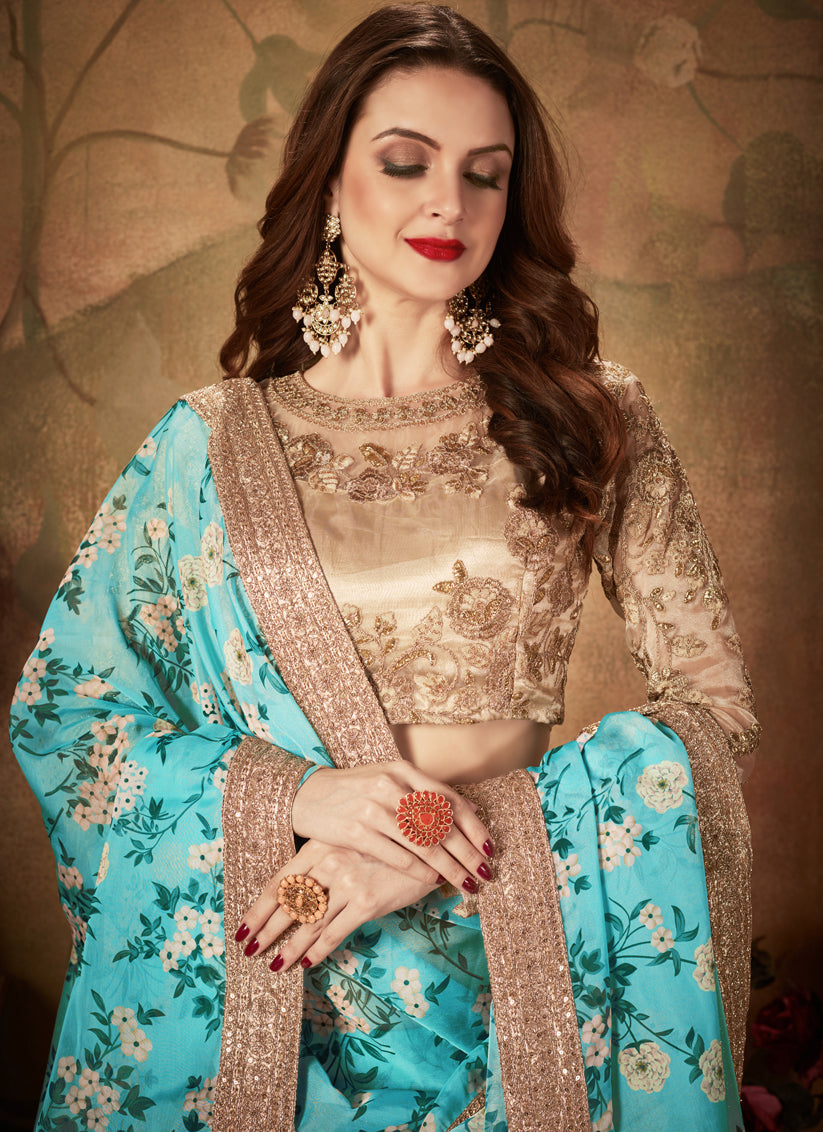 Charismatic Sky Blue and Beige Organza Printed Wedding Lehenga Choli