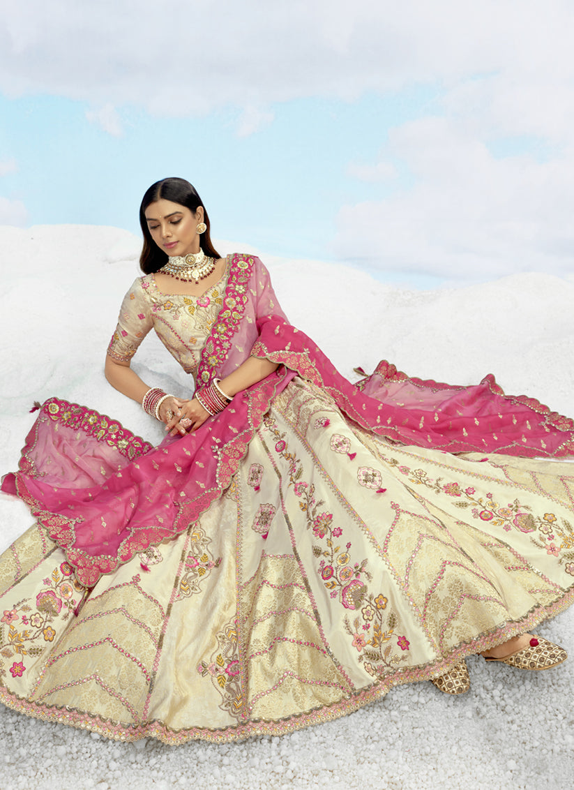 Pretty Cream Silk Embroidered Designer Wedding Lehenga Choli Set